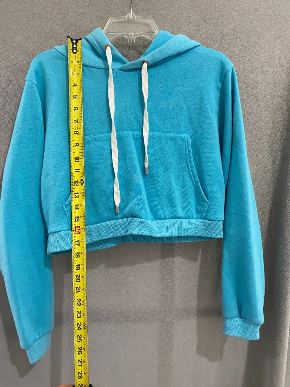 Doublju Cropped Hoodie Large Blue Fleece Pullover Sweatshirt Kangaroo Pocket